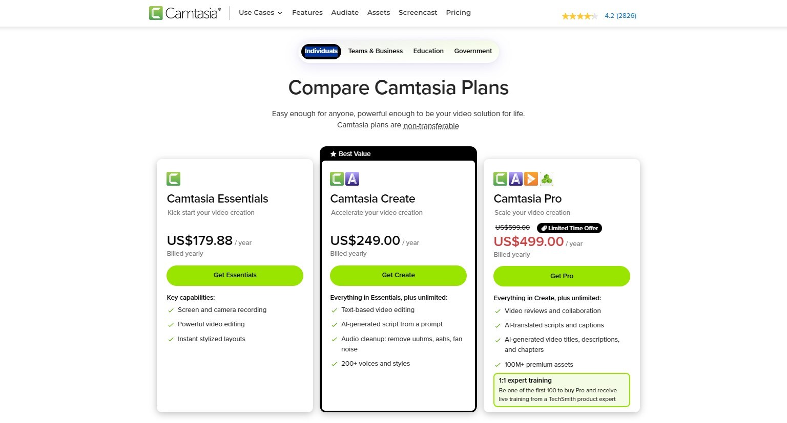 a screenshot of camtasia’s pricing plans