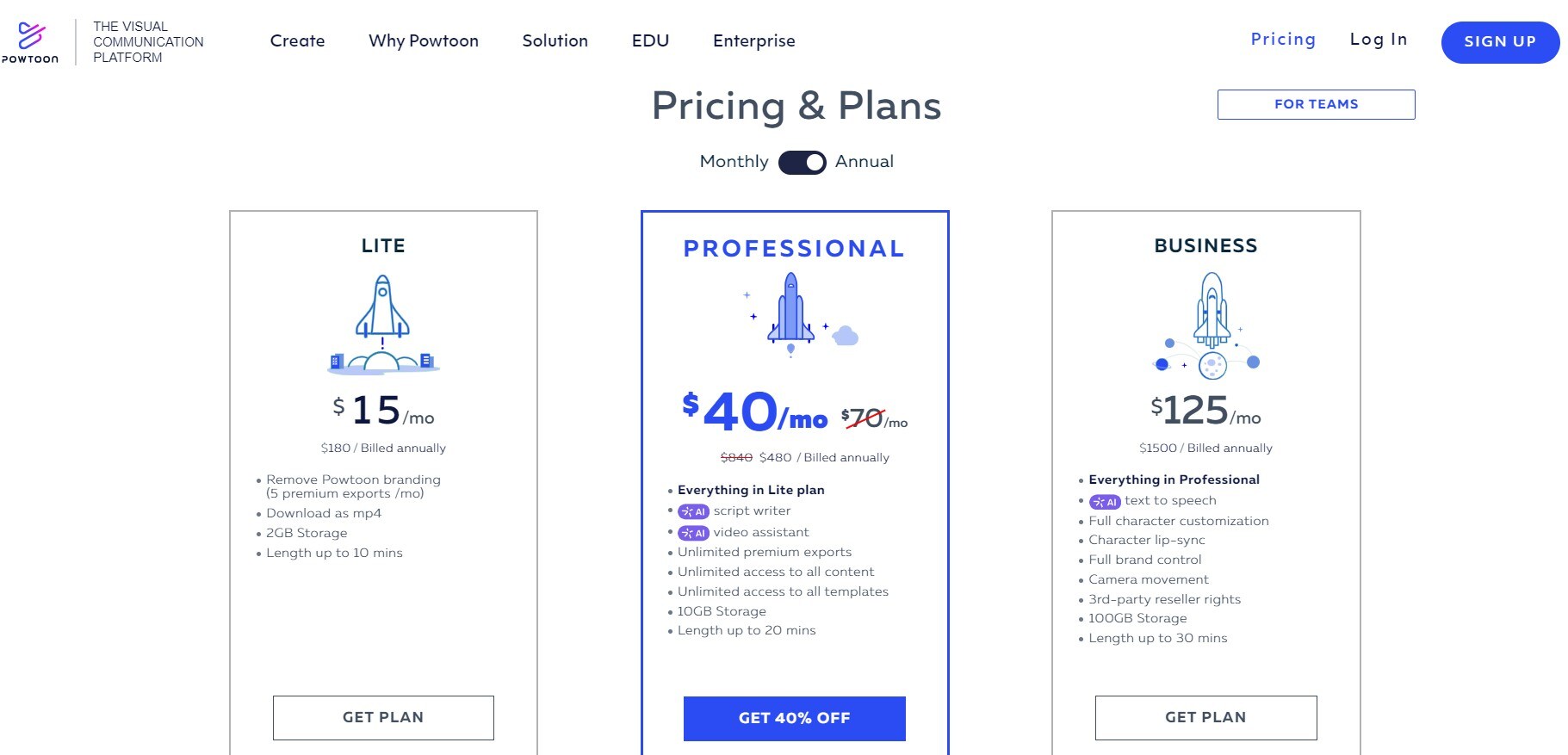 a screenshot of powtoon’s pricing plans