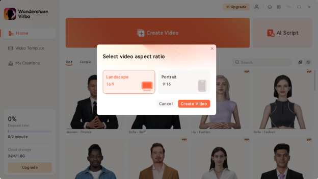 choose the video aspect ratio and click the create video button. 