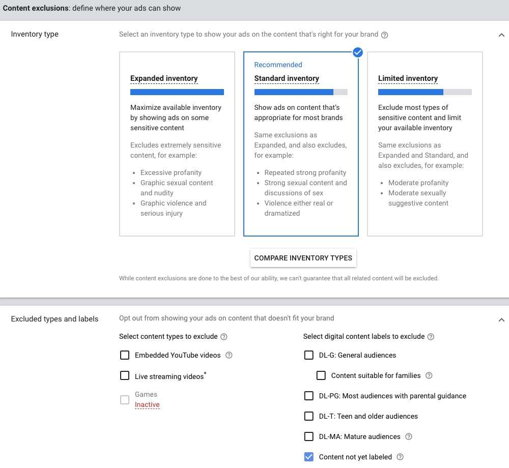 choose ad parameters and add exclusions