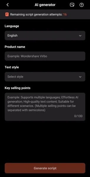 wondershare virbo ai script generator mobile