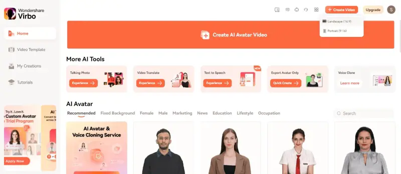 virbo ai avatar video online interface