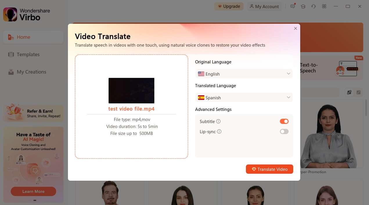 adjust virbo’s video translate tool