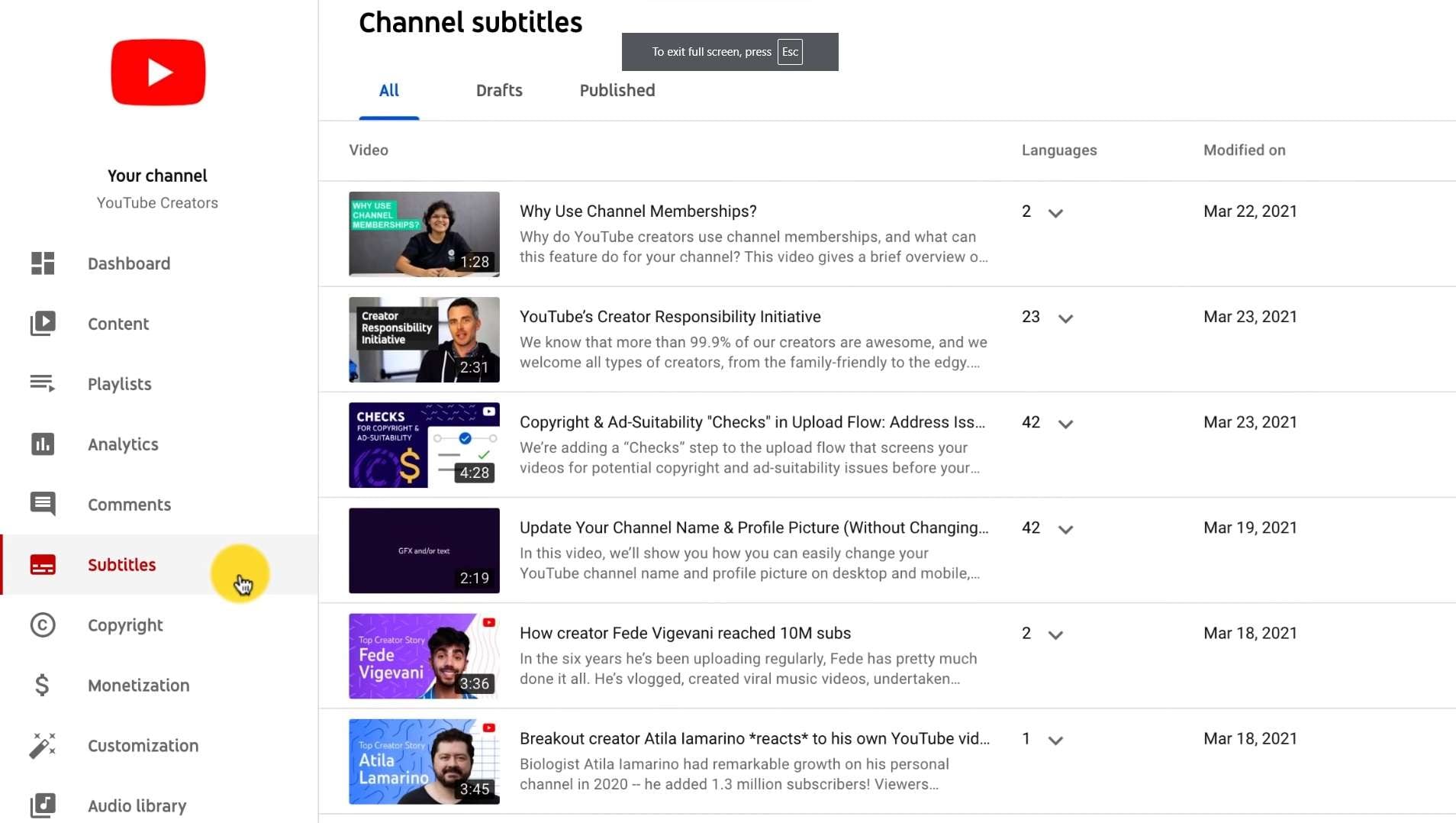 access youtube studio’s subtitles options