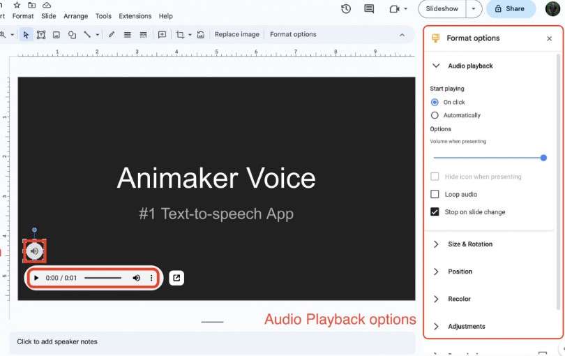 adjust voiceover volume in google slides