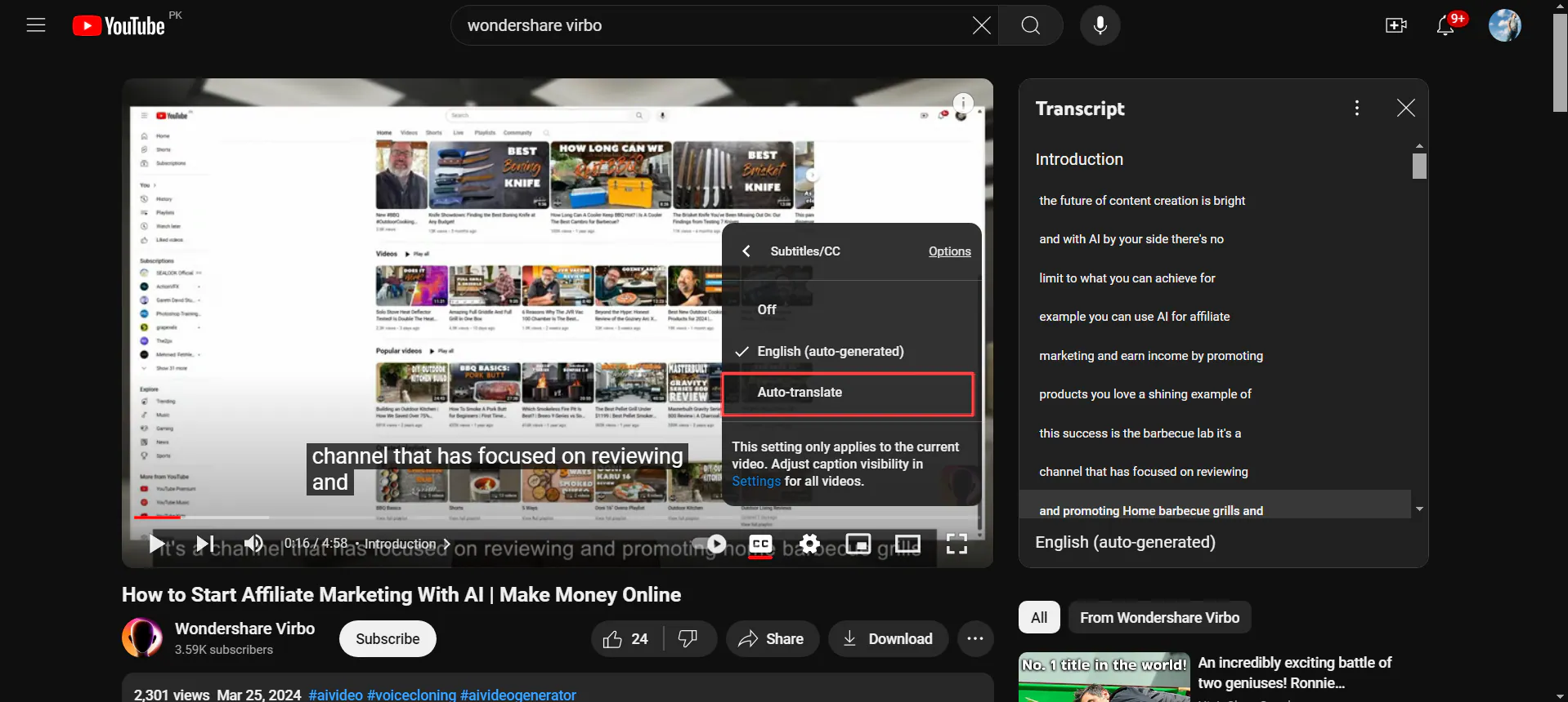 auto translate youtube video to desired language