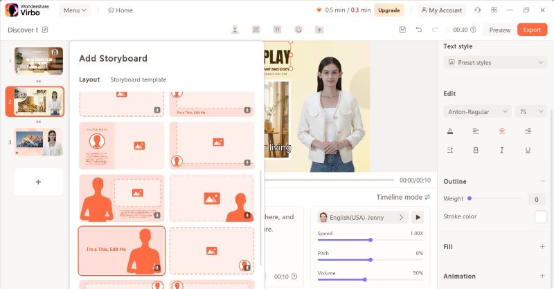 virbo add storyboard and customize template