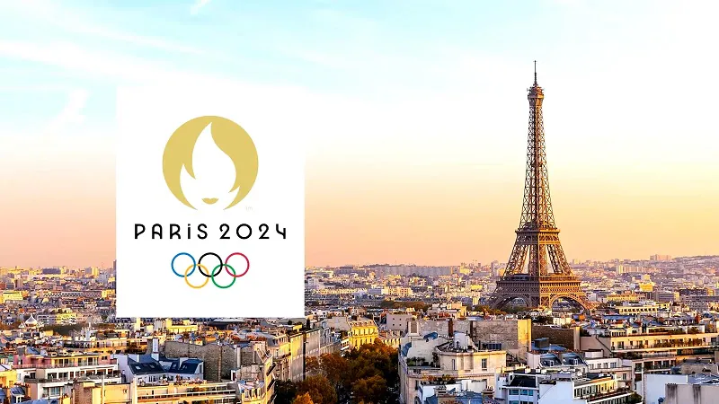 paris olympics logo beside eiffel tower