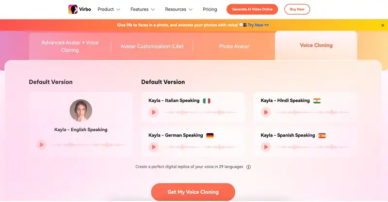 virbo voice cloning page