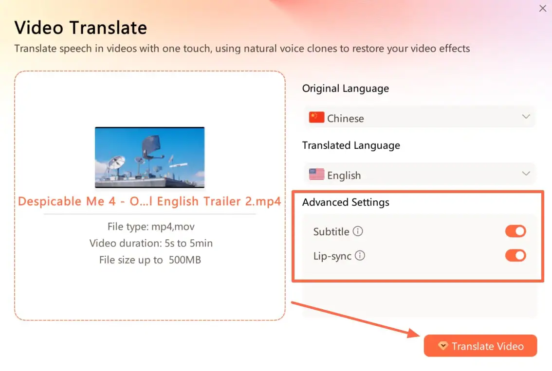 set advanced settings and translate