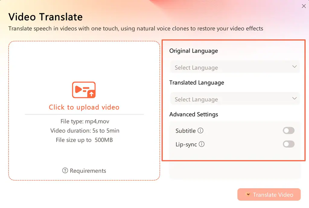 select translation parameters