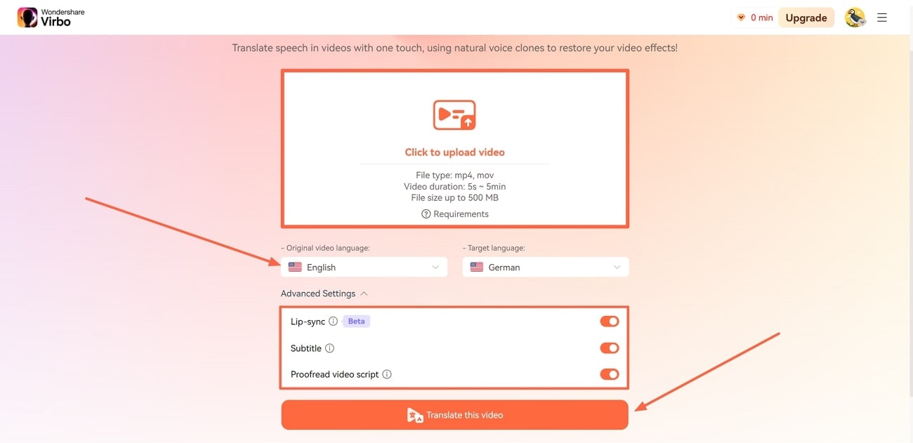 define translation parameters and execute virbo