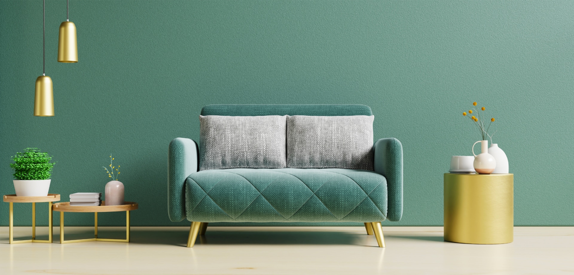 a home sofa in a minimal, deep green background