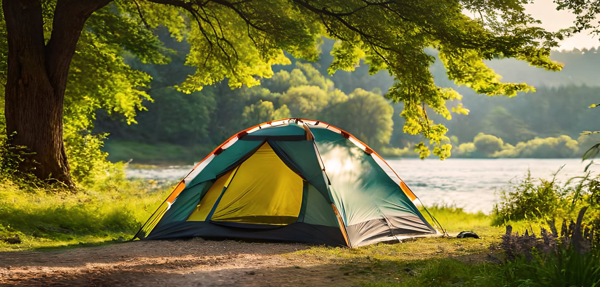 a tent near the light filled lake