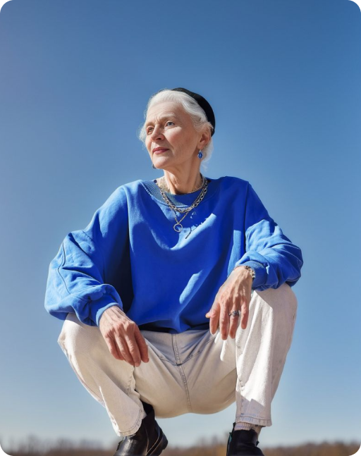 an elderly model with a blue background